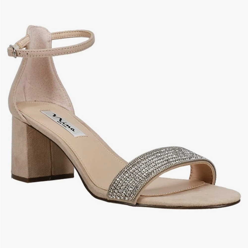 Nina New York Eloise Tan Suedette Crystal Block Heel Ankle Strap Sandal Size 5.5
